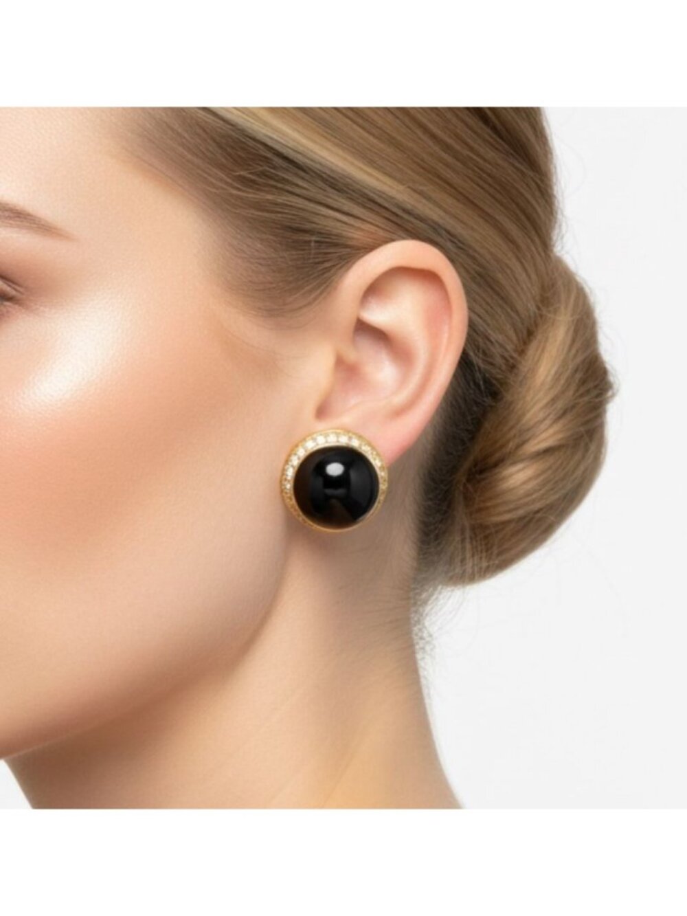 Authentic Dior Vtg 80s Black Onyx-Style Halo Clip-On Gold-Tone Crystal Earrings - Picture 3 of 11